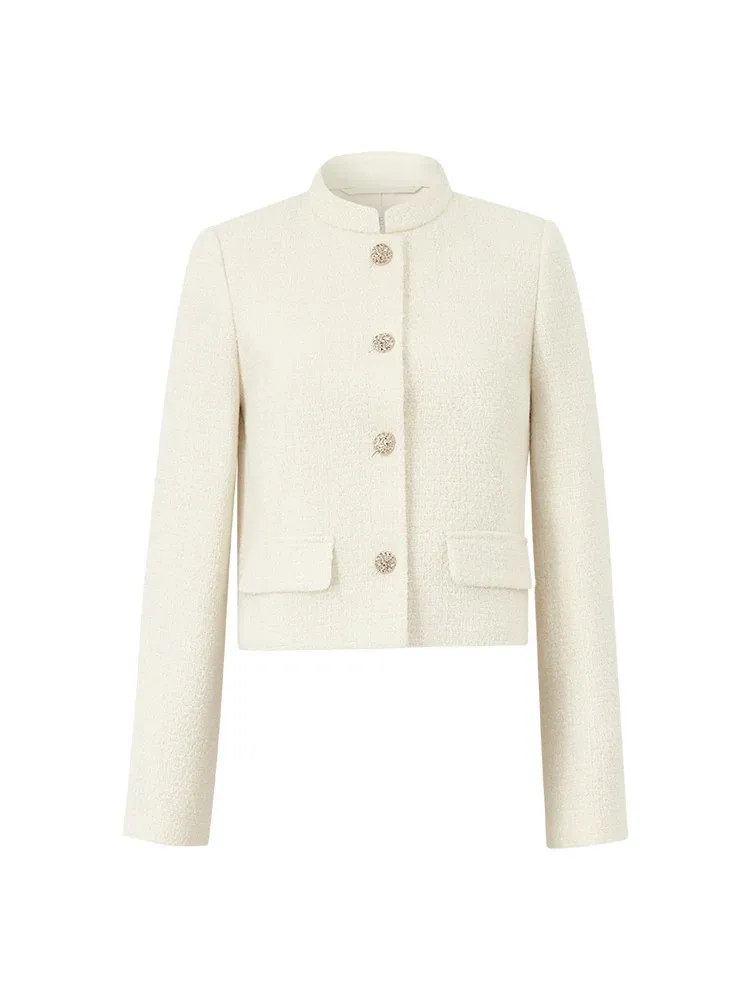 Women's Wool Blend Stand Collar SIngle-Breasted Women Jacket