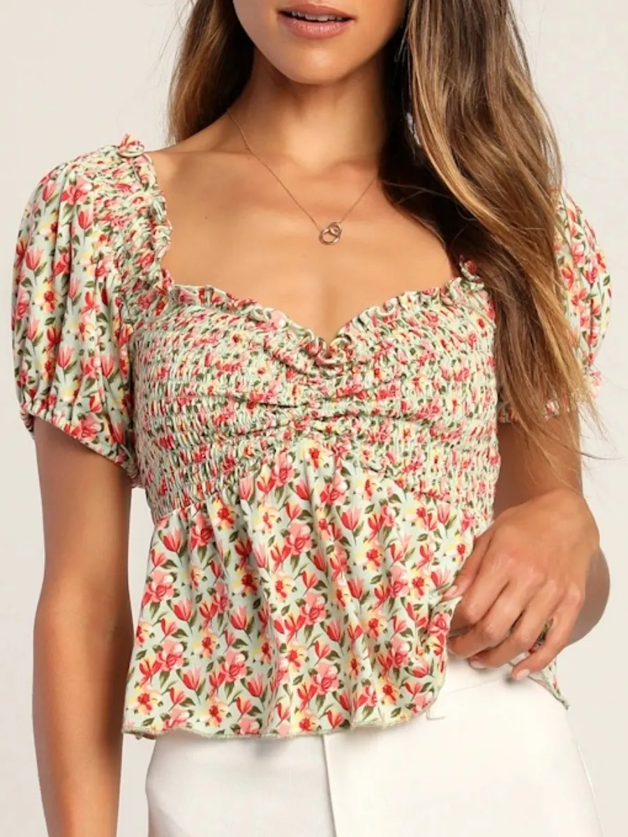 Smocked Floral Short Sleeve Blouse