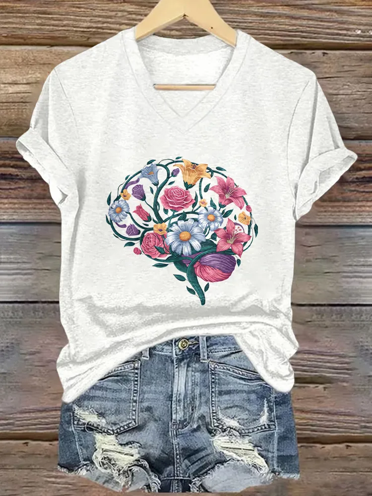 Women'S Flower-Printed Alzheimer'S Awareness V-Neck T-Shirt