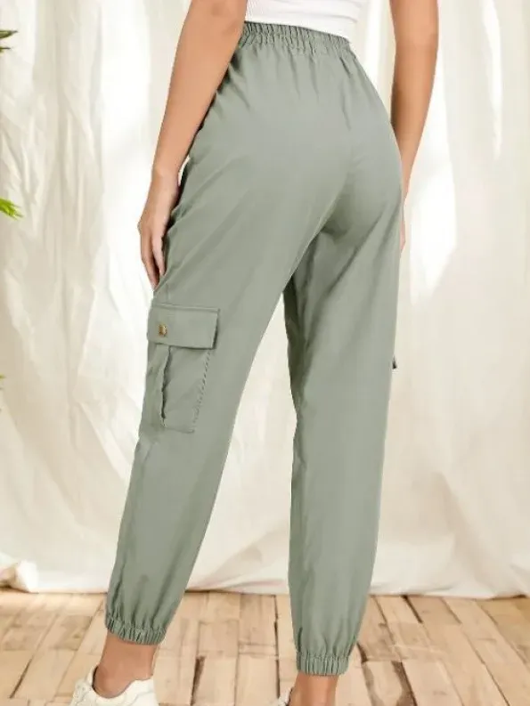 Casual Plain Mid Waist Long Cargo Pants