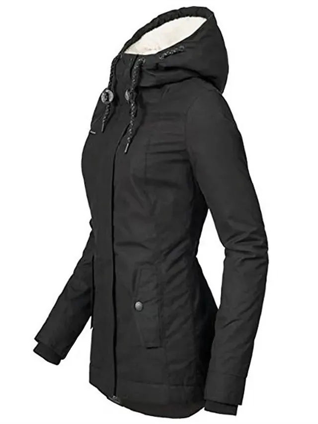 Women's Parka Fleece Lined Puffer Jacket Waterproof Windproof Winter Coat Fall Zipper Hooded Heated Jacket with Pocket Minimalism Outerwear Long Sleeve Black Army