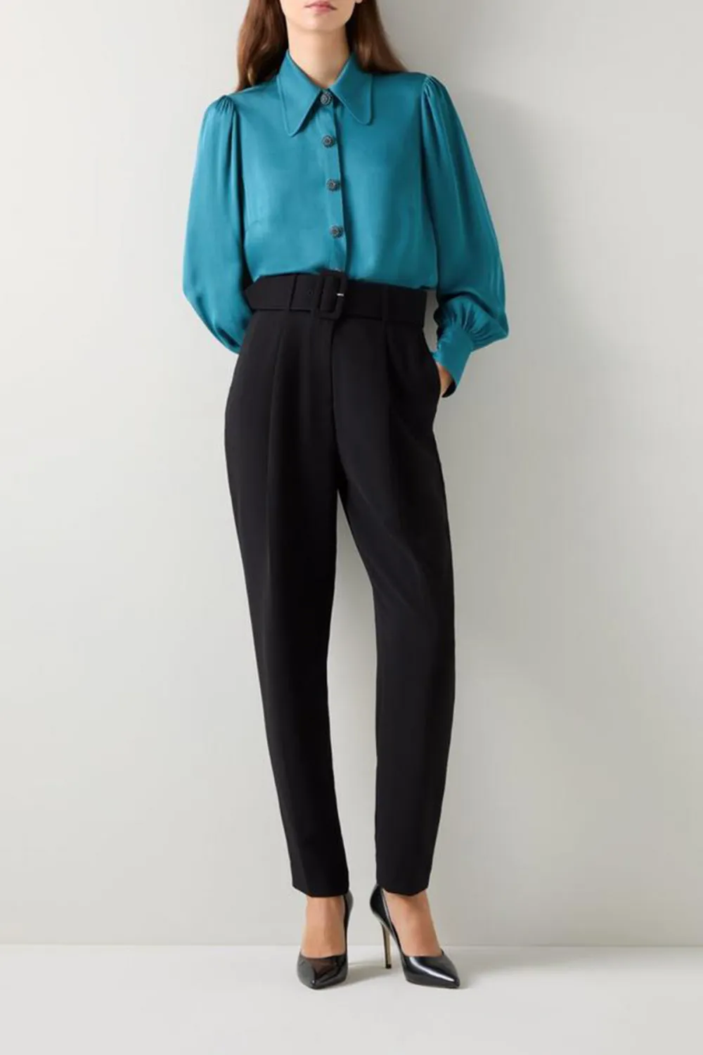Teal Long Sleeve Button Down Silk Blouse