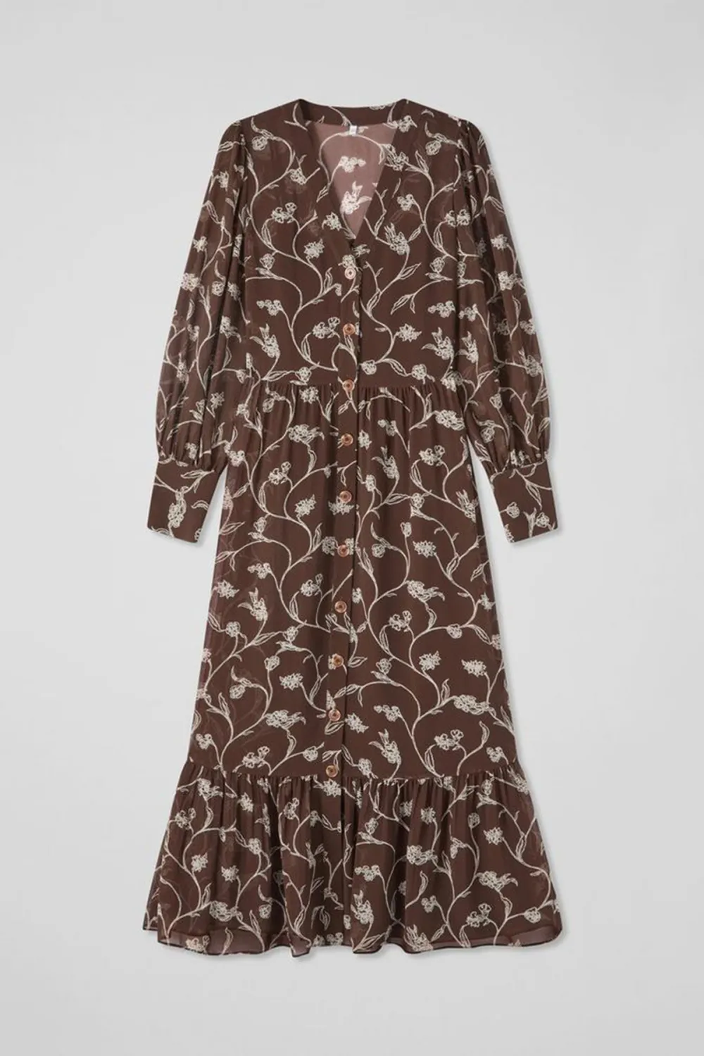 Brown Floral Print Long Sleeve Midi Dress