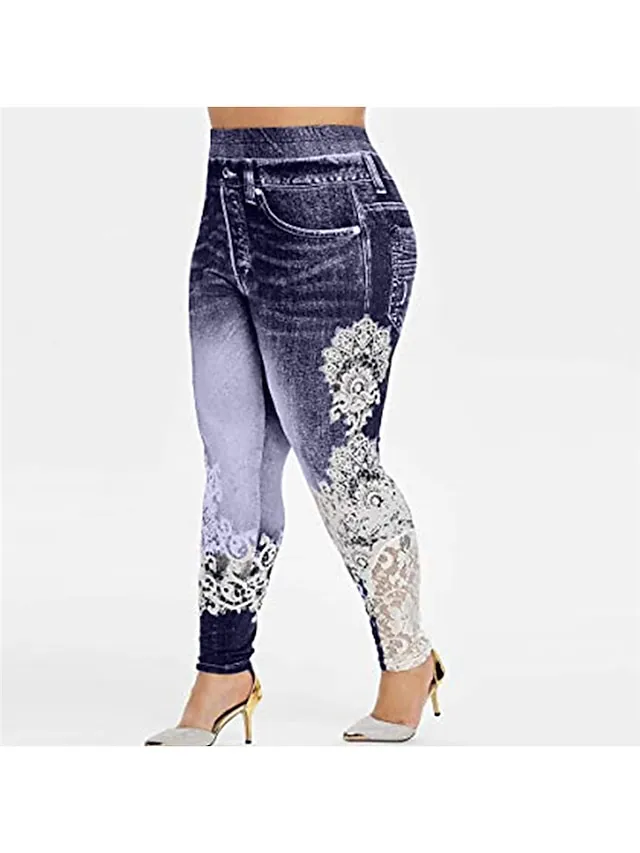 Women's Chinos Pants Trousers Leggings Full Length Faux Denim Lace Pocket Micro-elastic Streetwear Casual Daily Going out Black Pink L XL Fall Winter