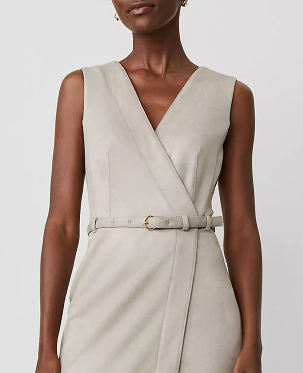 Faux Suede Belted Wrap Sheath Dress