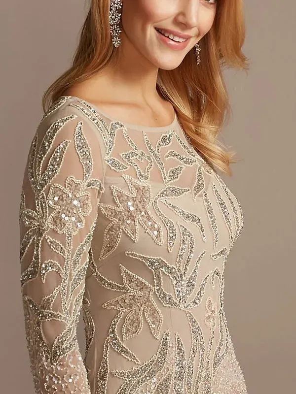 Beaded Scoopneck Illusion Long Sleeve Sheath Dress