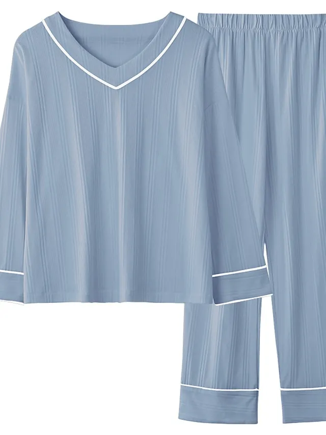 Women's Pajamas Nighty Pjs Sets 2 Pieces Pure Color Fashion Simple Comfort Home Daily Bed Cotton Breathable Gift V Wire Long Sleeve Pant Elastic Waist Basic Spring Fall Black Light Green