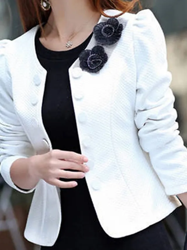 Women's Blazer Fall Short Bow Coat White Black Pink Fuchsia Elegant Street Spring Open Front Round Neck Regular Fit S M L XL XXL 3XL