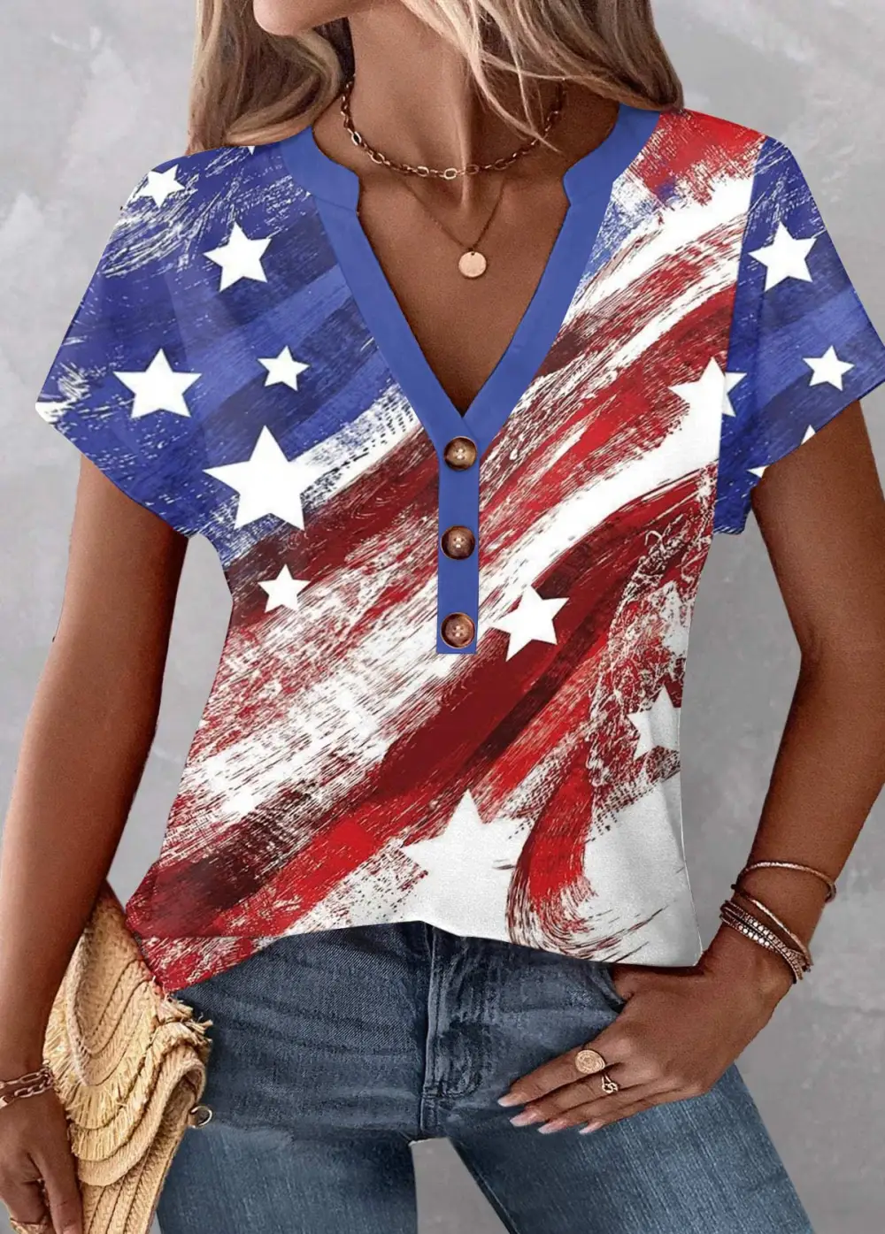 Multi Color Button Flag Print T Shirt