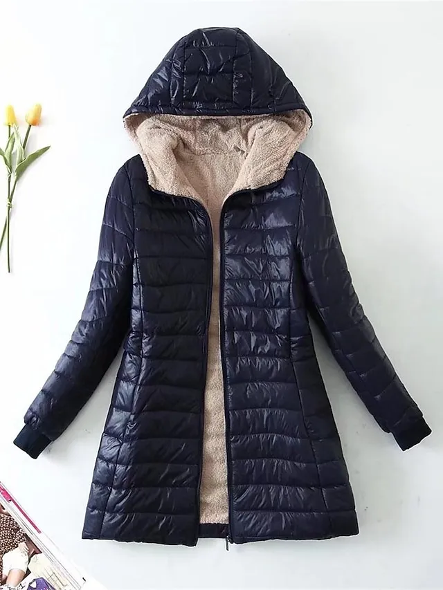 Women's Parka Quilted Coat Fleece Lined Sherpa Jacket Fall Long Coat Winter Puffer Jacket Windproof Warm Heated Coat Stylish Casual Jacket Long Sleeve Plain Full Zip Black
