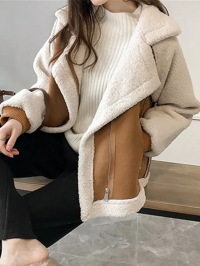 Women's Suede Sherpa Jacket Fall Fleece Shearling Jacket Winter Zipper Lapel Coat Windproof Warm Moto Biker Jacket Ice Cream Street Wear Button Modern Casual Outerwear Long Sleeve