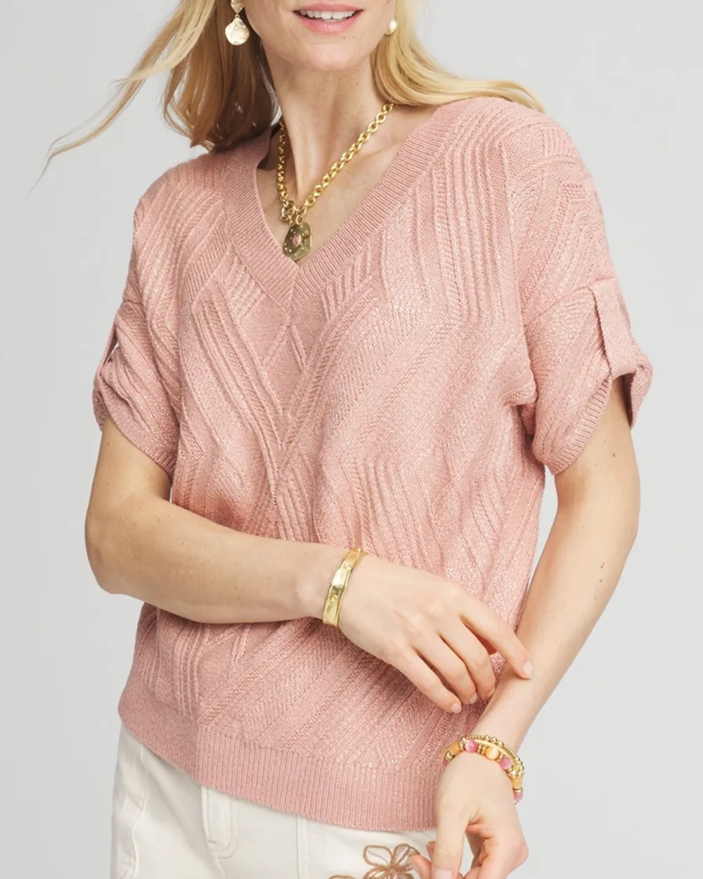 Pink V-Neck Cable Knit Short Sleeve Sweater