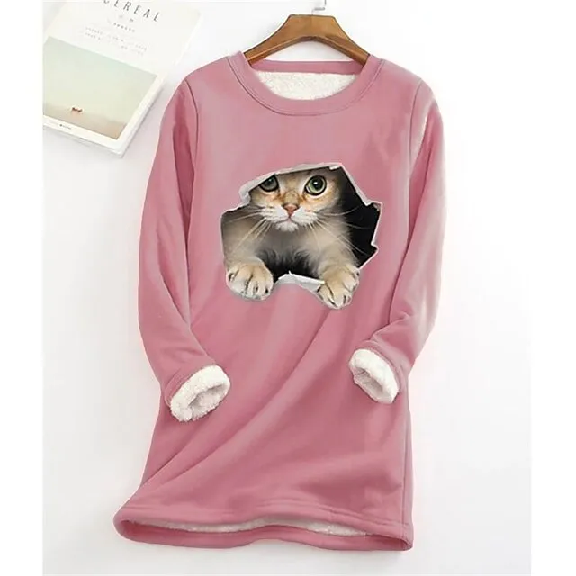Women's Plus Size Sweatshirt Pullover Cat Teddy Sherpa Fleece Denim Blue Black White Street Casual Round Neck Long Sleeve Top Micro-elastic Fall & Winter