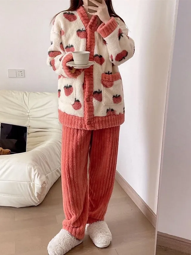 Women's Fleece Fluffy Fuzzy Warm Pajamas Sets Fruit Fashion Casual Comfort Home Daily Bed Flannel Warm V Wire Long Sleeve Cardigan Pant Button Pocket Fall Winter Pink Red