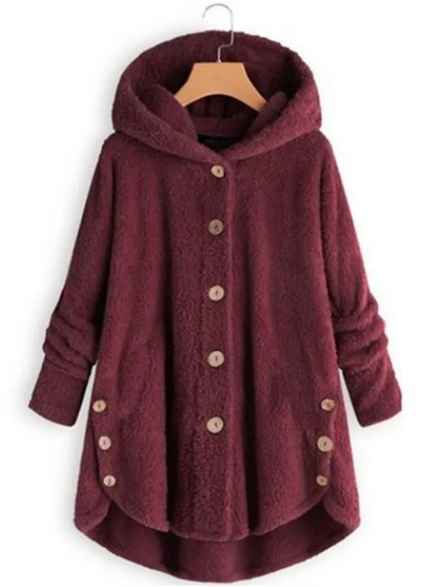 Women's Teddy Coat Fleece Sherpa Jacket with Hood Teddy Bear Jacket Windproof Warm Winter Coat Comtemporary Stylish Plush Jacket Long Sleeve Leopard Black Pink Wine