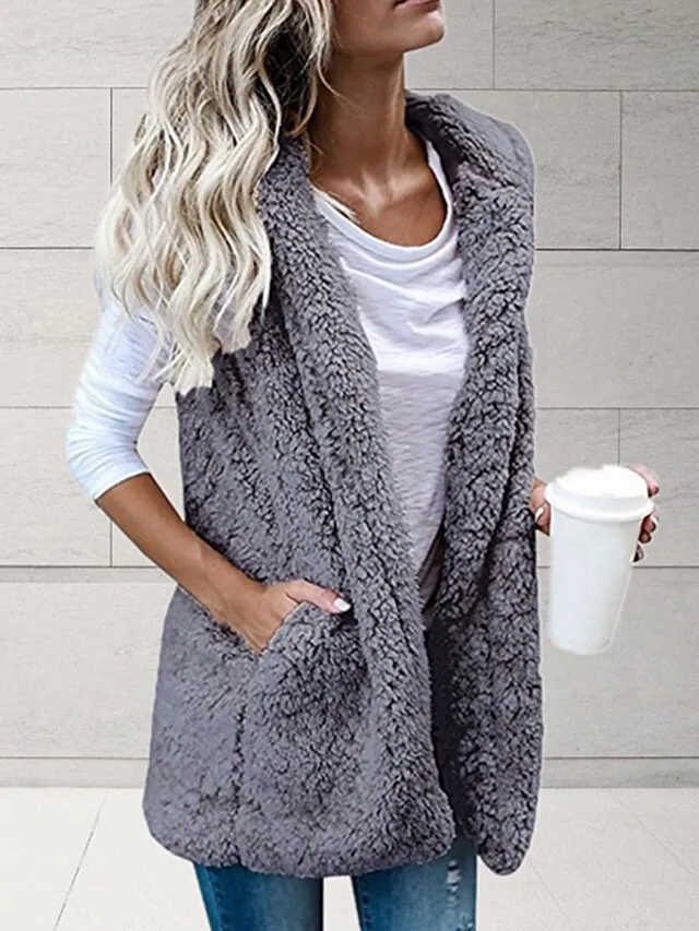 Women's Vest Teddy Coat Gilet Sherpa Jacket with Hood Outdoor Street Going out Fall Winter Regular Coat Regular Fit Warm Breathable Cute Casual Jacket Sleeveless Solid Color Pocket White Black Gray