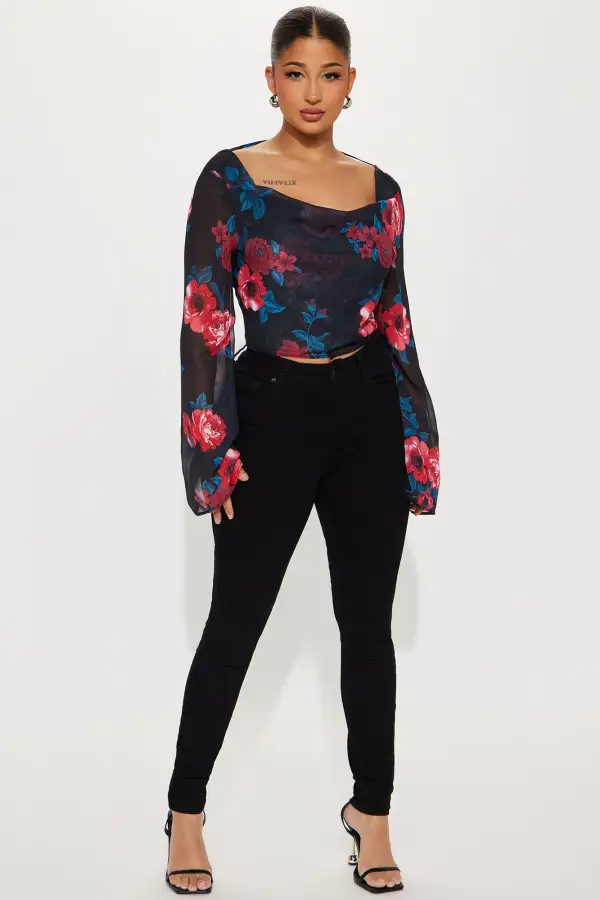 Laina Floral Blouse Top - Black/Red