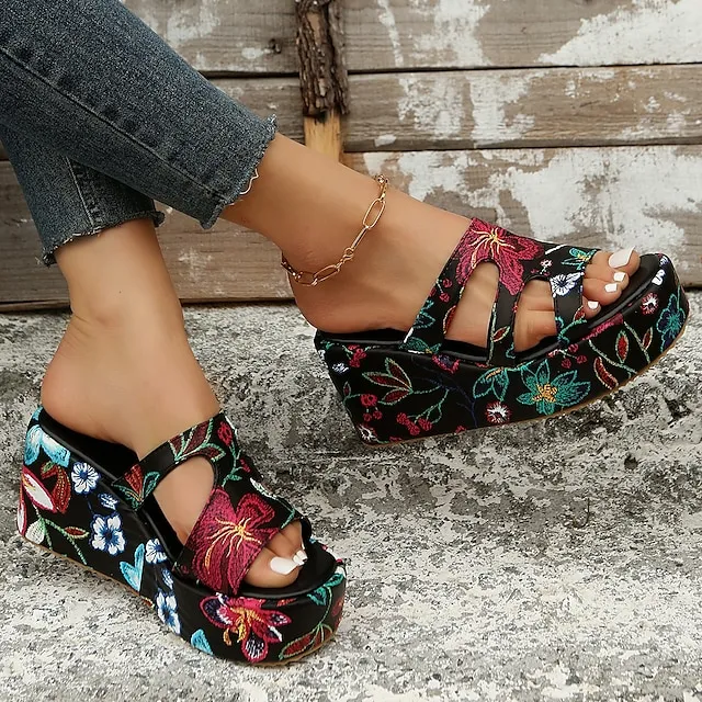 Women's Sandals Slippers Wedge Sandals Platform Sandals Plus Size Daily Beach Summer Platform Wedge Heel Open Toe Vintage Casual Faux Leather Loafer Color Block Black / White Snake pattern Black