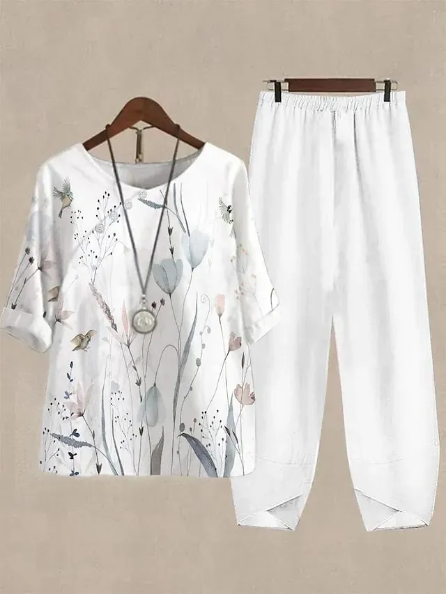 Women's Shirt Pants Sets Pants Trousers Basic White Pink Casual Daily Floral Print Crew Neck S M L XL 2XL