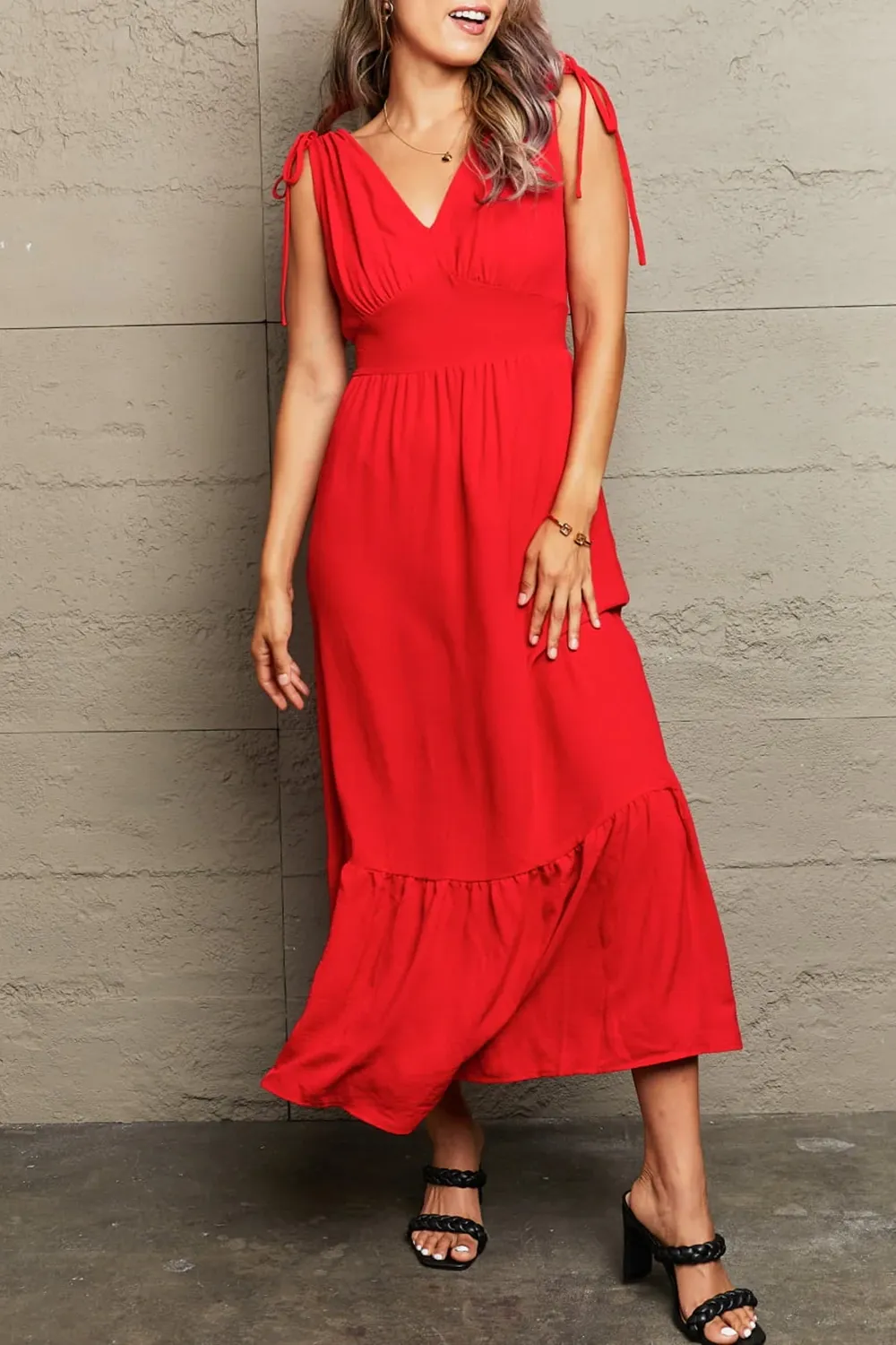 Waist-Cinching Lotus Leaf Hem Red Dress