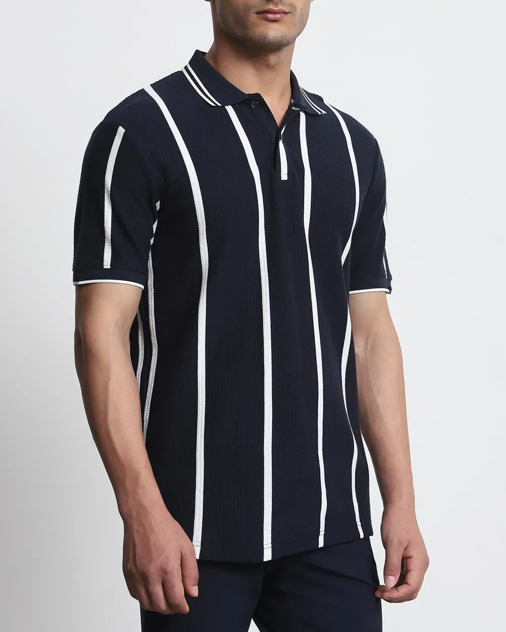 Daily Simple And Slimming Navy Striped Polo Shirt