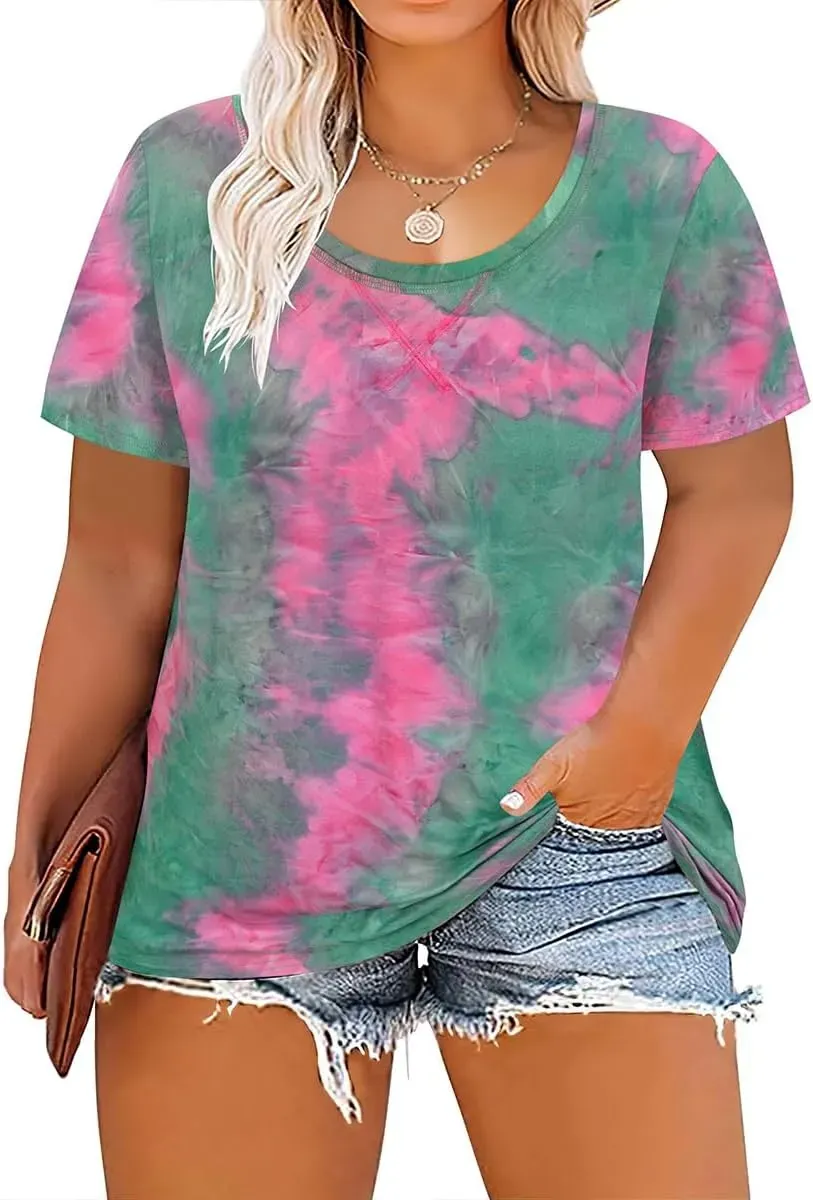 TIYOMI Plus Size T Shirt for Women Short Sleeve Tunic Cross Line Shirts Round Neck Tops Summer Blouse XL-5XL 14-28