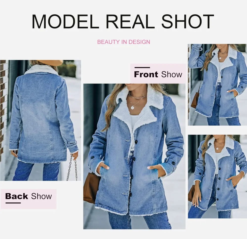 Womens Winter Warm Jean Jacket Stand Collar Wool Liner Sherpa Denim Coats Thicker Outerwear with Pockets