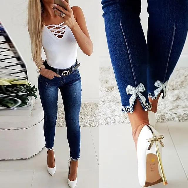 Women's Jeans Skinny Ankle-Length Denim Side Pockets Micro-elastic Fashion Casual Weekend Blue S M