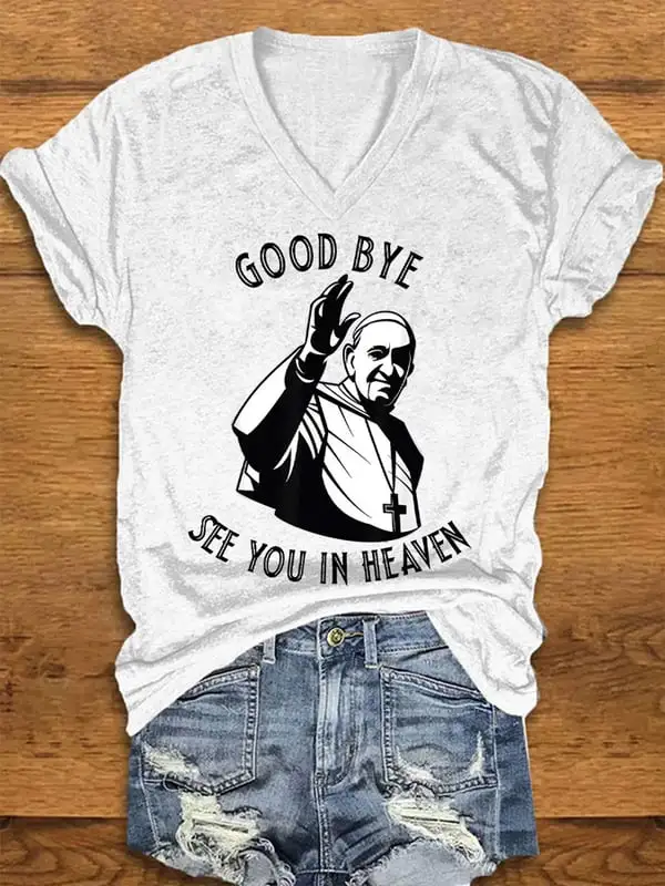 Women's Good Bye See You In Heaven Print Short Sleeve V-Neck Cotton T-Shirt