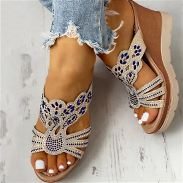 Women's Slippers Plus Size Daily Summer Rhinestone Wedge Heel Open Toe Casual Faux Leather Loafer Blue Gold