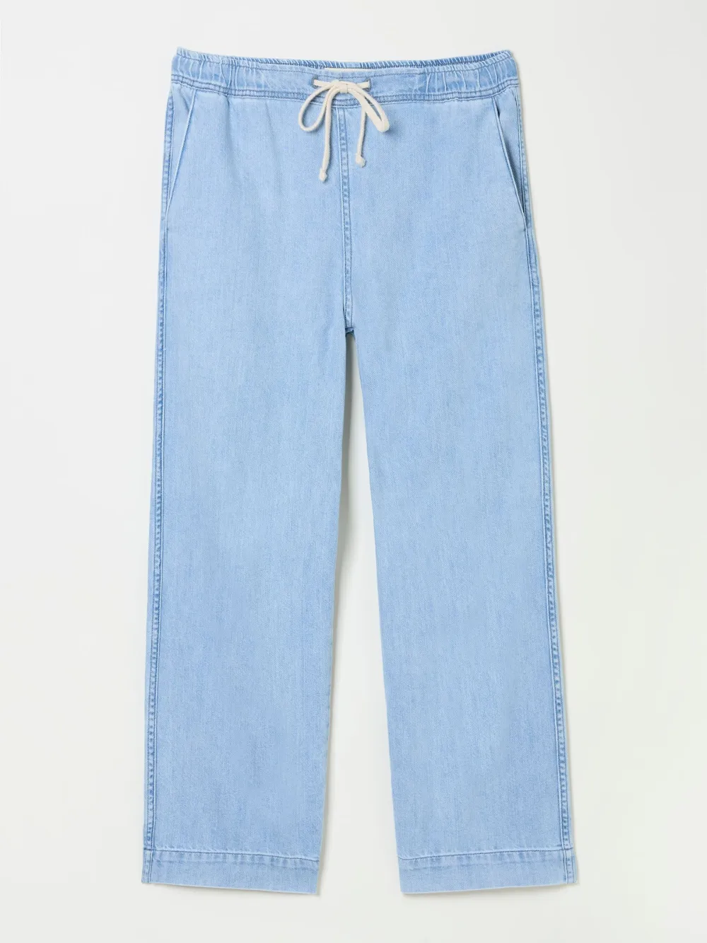 Light Blue Denim Straight Leg Drawstring Jeans