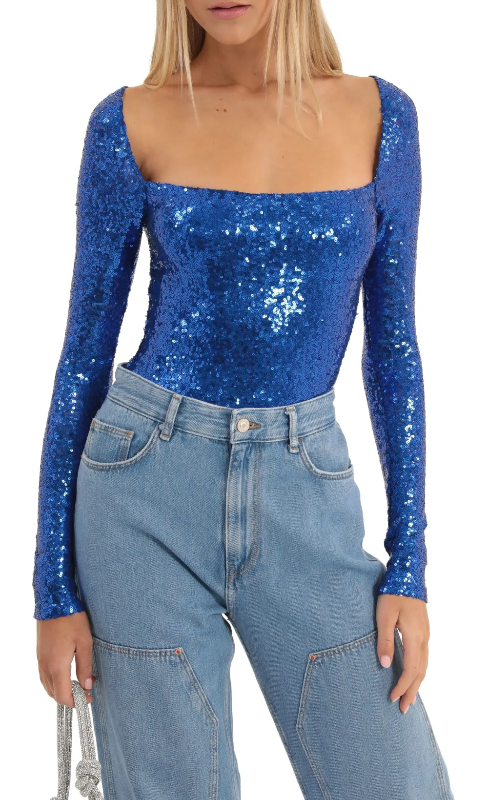 Sequin Long Sleeve Bodysuit in Blue