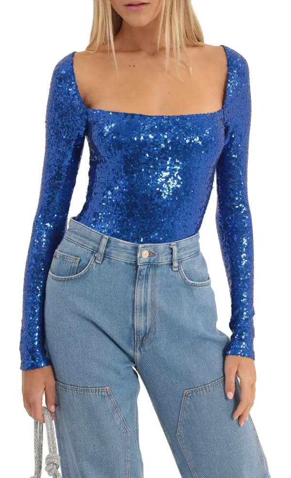 Sequin Long Sleeve Bodysuit in Blue