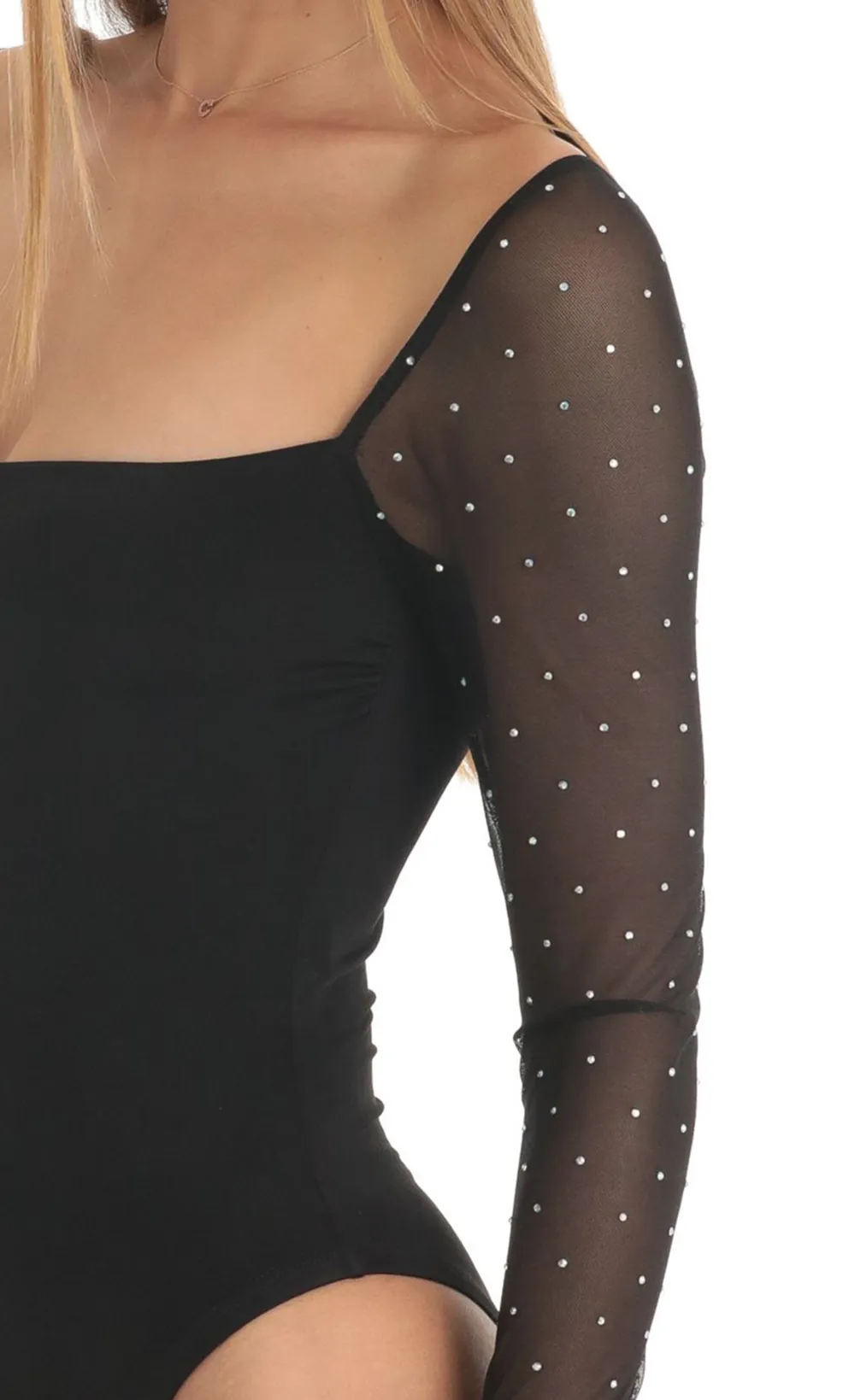 Diamond Glitter Square Neck Bodysuit in Black