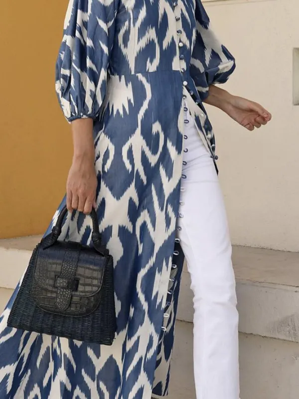 Stylish Puff Sleeves Long Sleeves Printed Lapel Collar Shirt Maxi Dresses