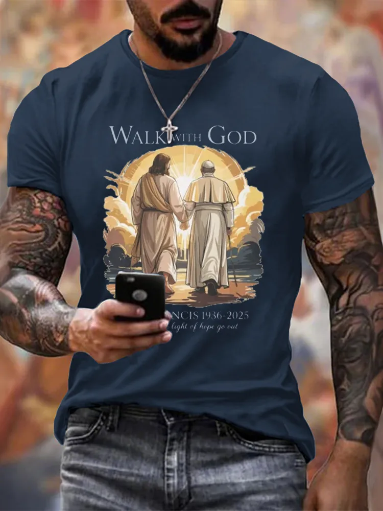 Men's Walk With God Print Short Sleeve Round Neck Cotton T-Shirt