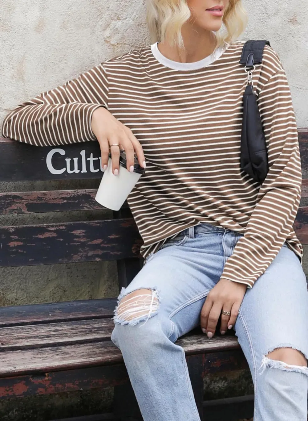 Dokotoo Women's Casual Striped Long Sleeve Tops Crew Neck Knit Ribbed Basic T Shirts