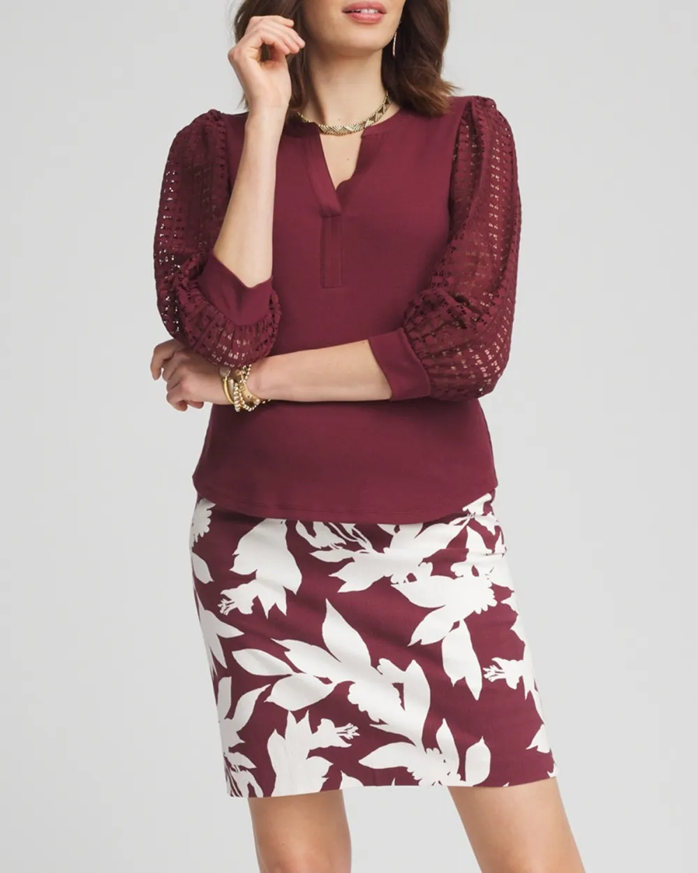 Maroon and White Floral Print Mini Skirt