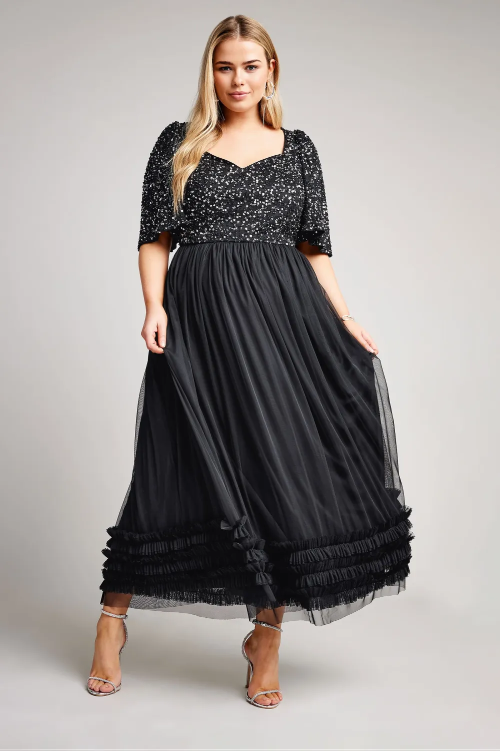LUXE Curve Black Sequin Sweetheart Ruffle Maxi Dress