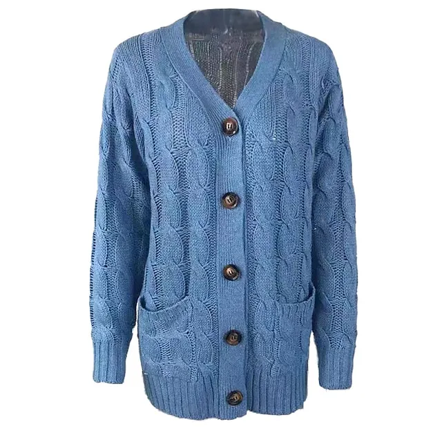 Women's Cardigan Pocket Knitted Button Solid Color Casual Chunky Long Sleeve Regular Fit Sweater Cardigans Open Front Fall Winter Dark powder Blue Army Green