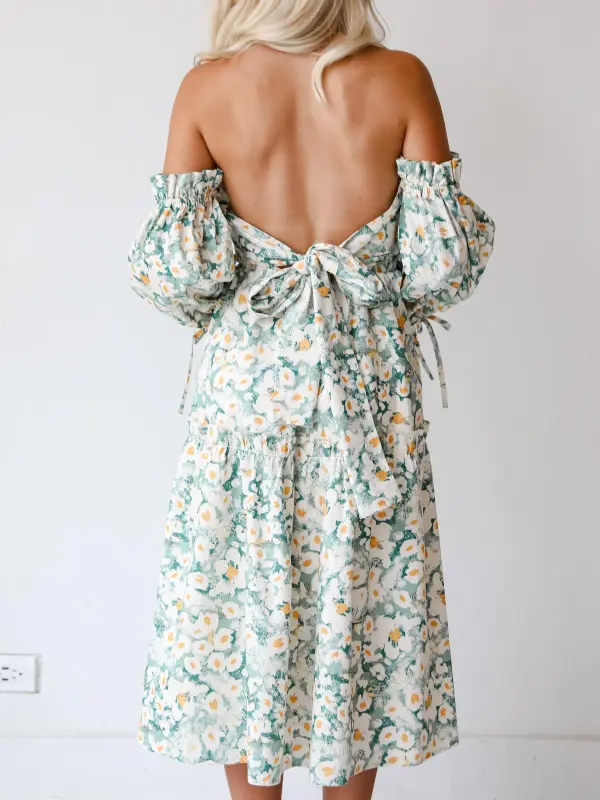 Delightful Aspect Sage Floral Off-The-Shoulder Midi Dress