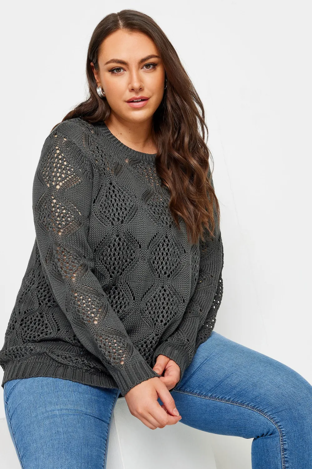 YOURS Curve Grey Pointelle Stitch Jumper