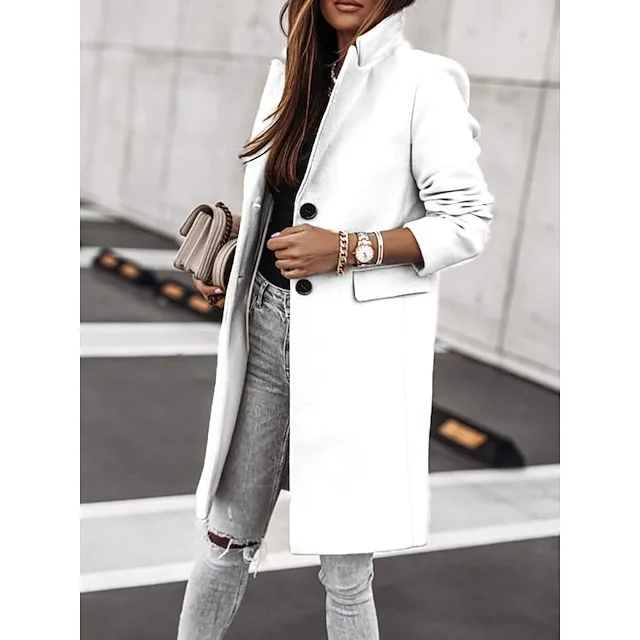 Women's Winter Coat Long Overcoat Fall Stand Collar Trench Coat Warm Windproof Pea Coat with Pockets Formal Stylish Casual Street Jacket Long Sleeve Black White Khaki