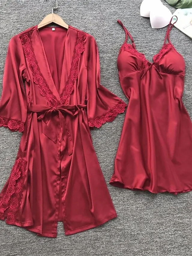 Women's Pajamas Bathrobe Robes Gown Nightgown 2 Pieces Pure Color Hot Comfort Soft Home Daily Bed Satin Breathable V Wire Half Sleeve Summer Spring Silver Yellow