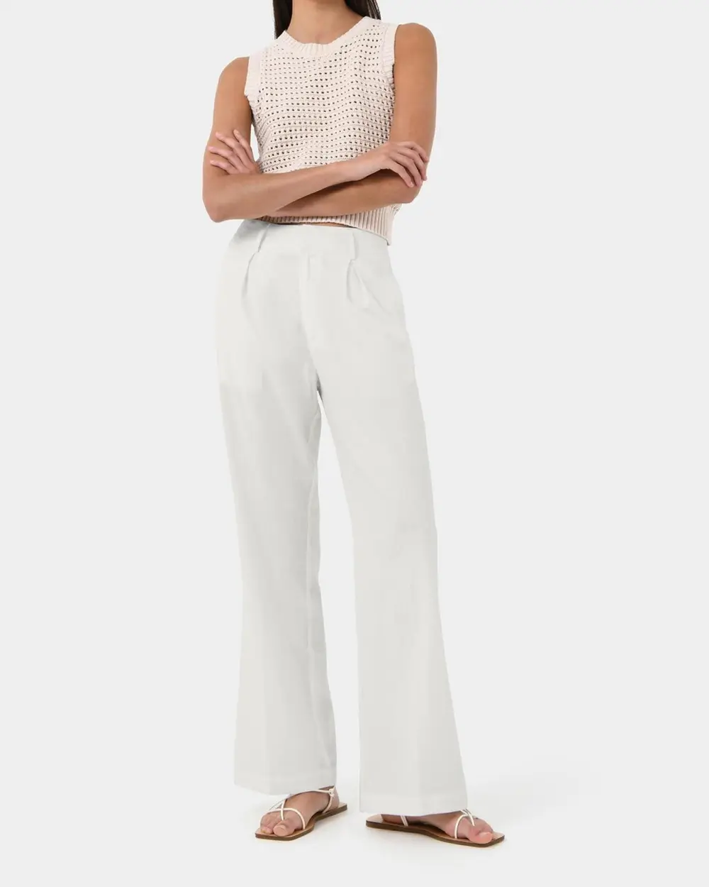 High Waisted Design Linen Tailored Pants -Lvory