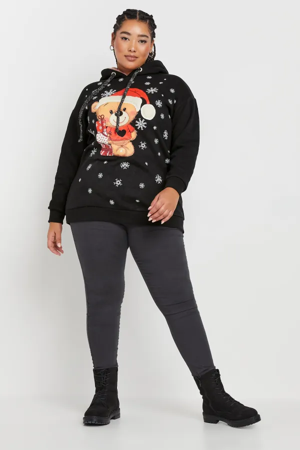 YOURS Curve Black Teddy Bear Christmas Hoodie