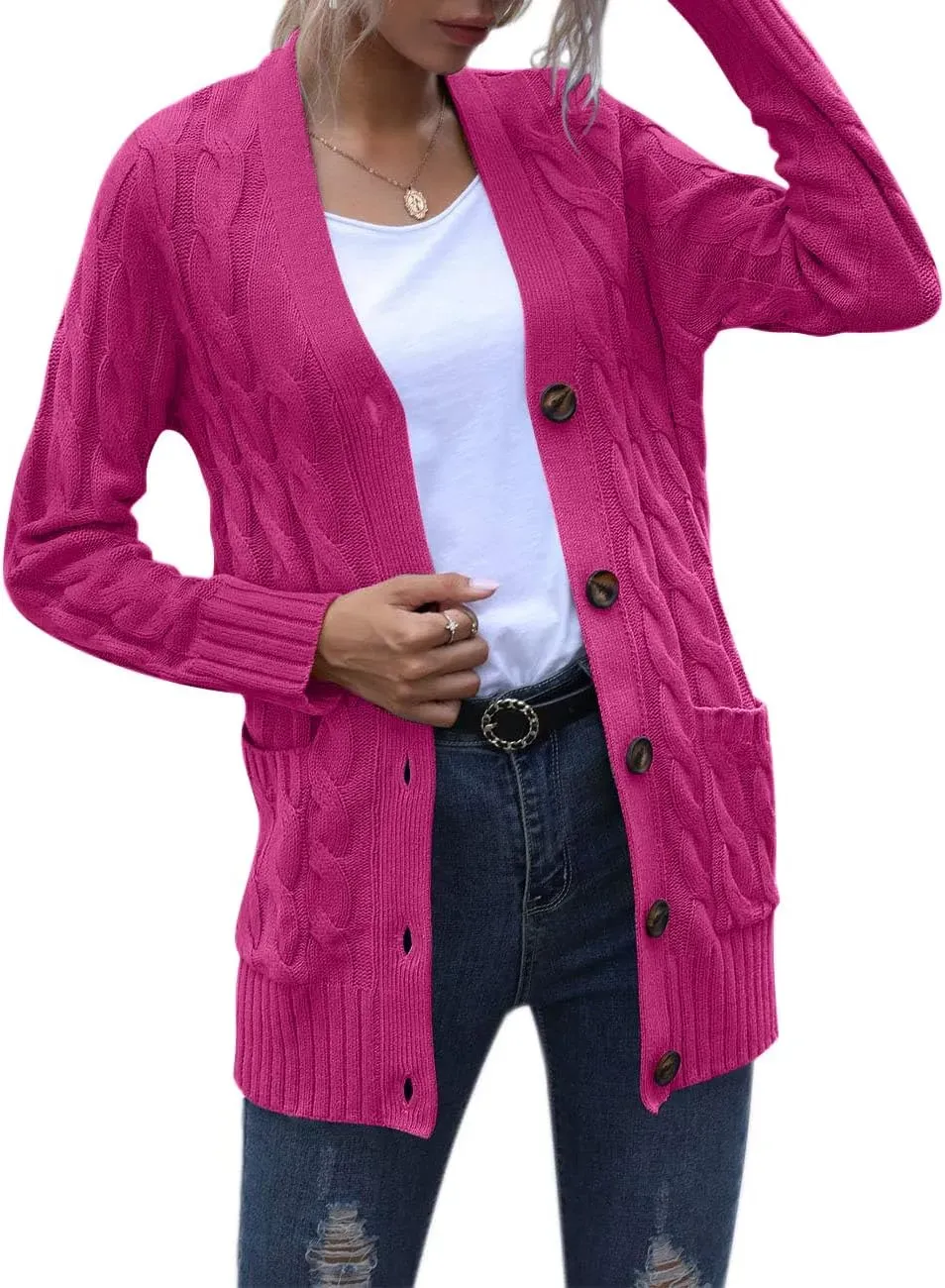 MEROKEETY Women's 2024 Fall Long Sleeve Cable Knit Sweater Open Front Cardigan Button Loose Outerwear