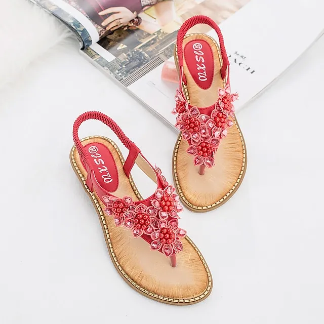 Women's Sandals Flat Sandals Party Beach Summer Rhinestone Flat Heel Round Toe Open Toe Elegant Casual PU Leather Elastic Band Solid Colored Almond Black White