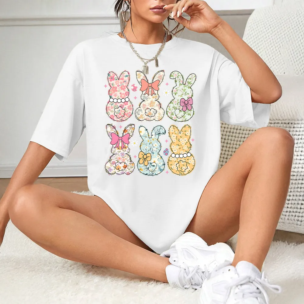 T-shirt Flower Bunny Women Printed Round Neck Short Sleeve