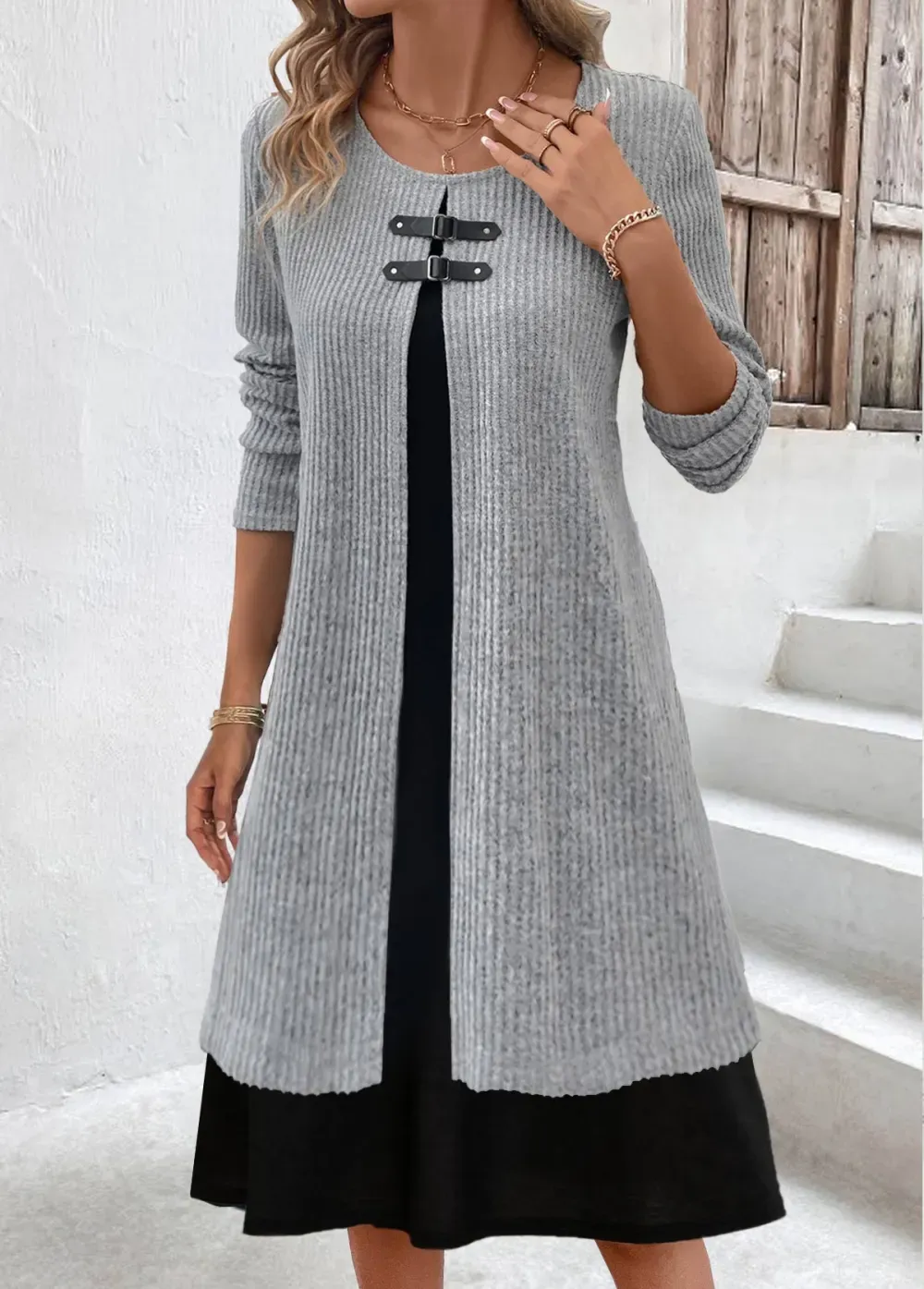 Light Grey Marl Fake 2in1 A Line Dress